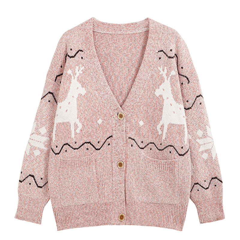 Damen Gemütlicher Cardigan mit Rentier-Motiv und Taschen R&B