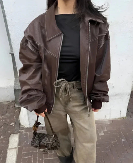 Damen Elegante Kunstlederjacke mit hochstehendem Kragen und elastischen Bündchen R&B