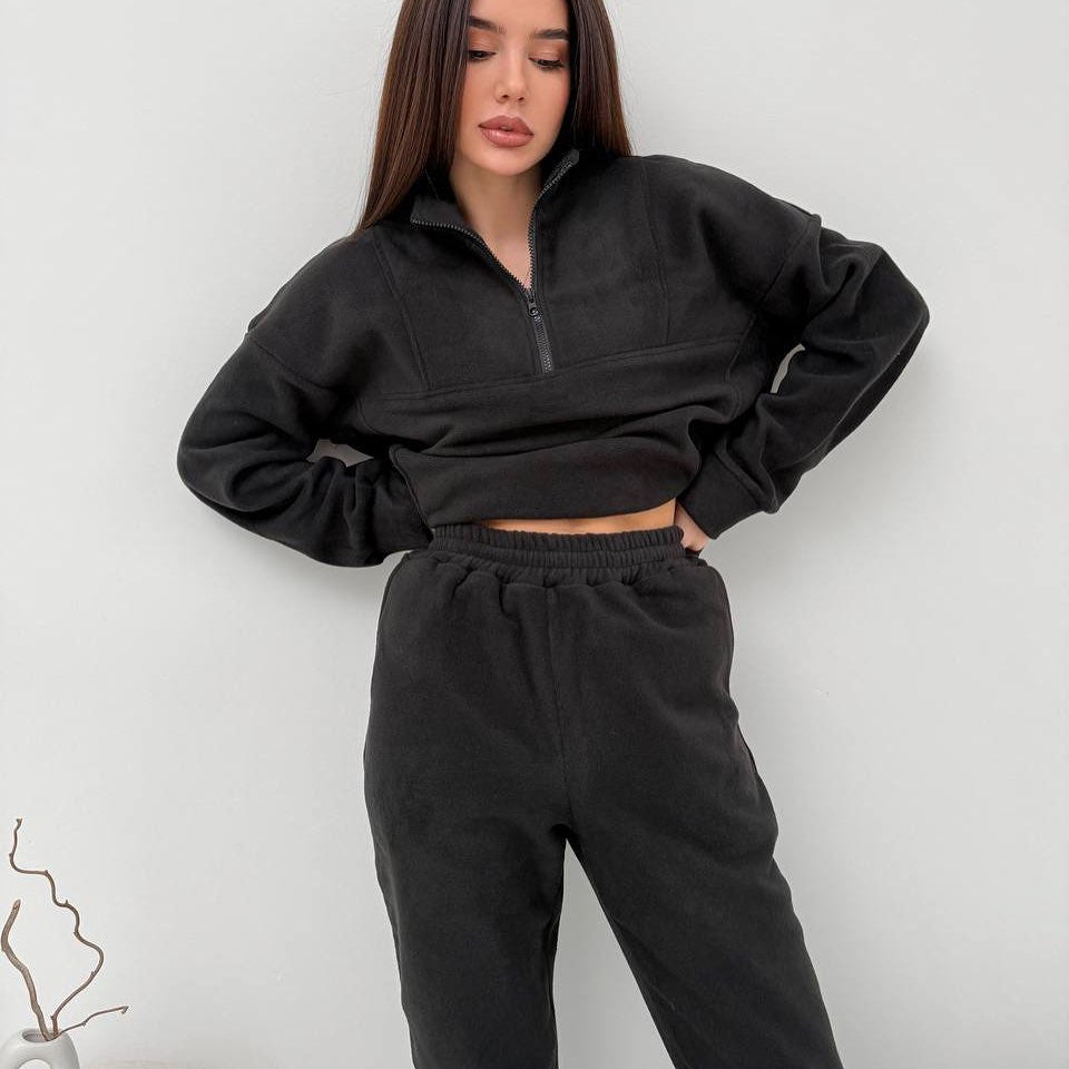 Damen gemütliches Fleece-Hoodie-Set mit hohem Kragen und praktischen Taschen R&B