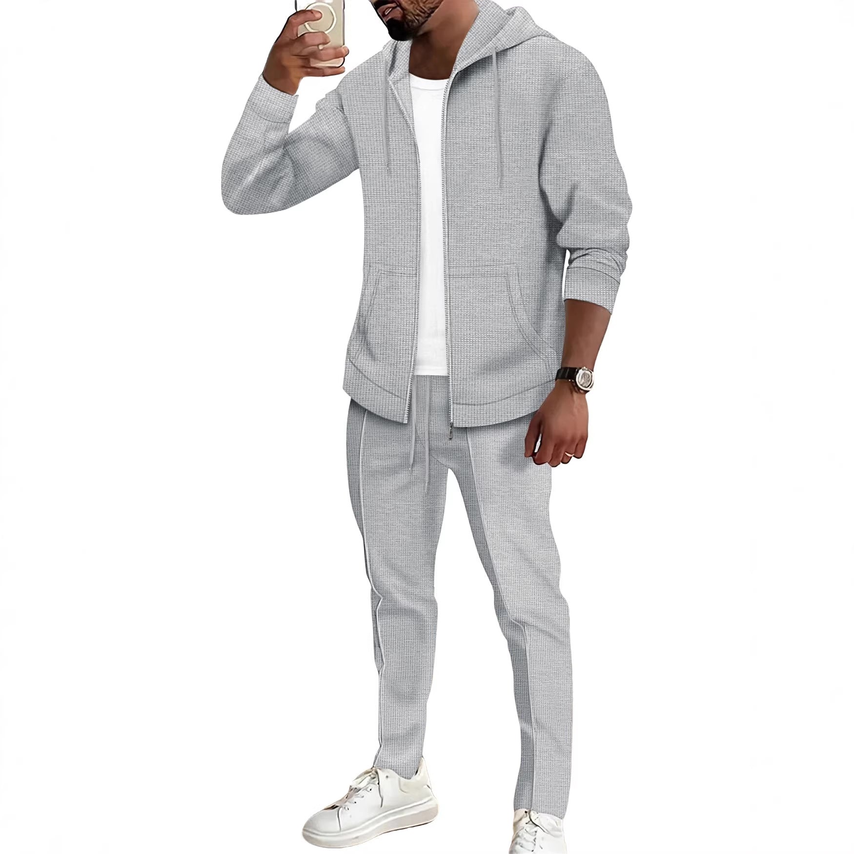 Herren nan Waffelstruktur-Jogginganzug mit Kapuzen-Zipjacke und konisch geschnittener Jogginghose R&B