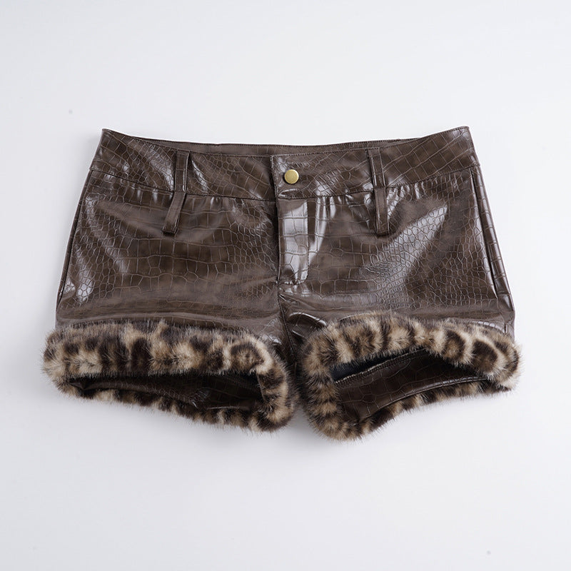 Damen Leder-Shorts mit Leopardenbesatz R&B
