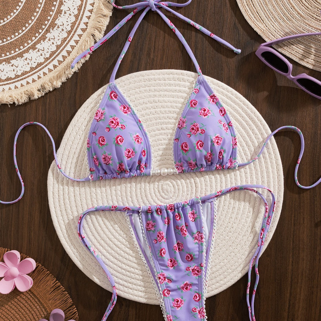 Damen Triangel-Bikini mit floralem Druck und verspielten Rüschen R&B