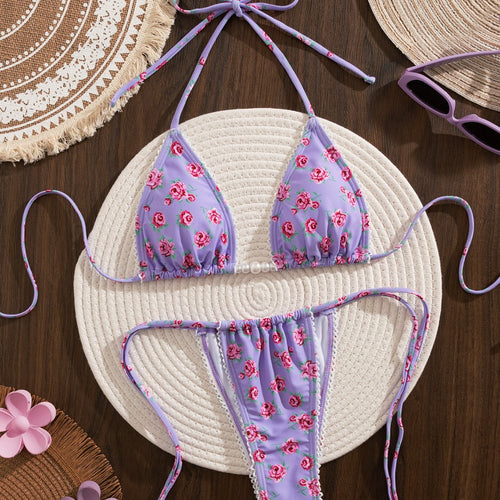 Damen Triangel-Bikini mit floralem Druck und verspielten Rüschen R&B