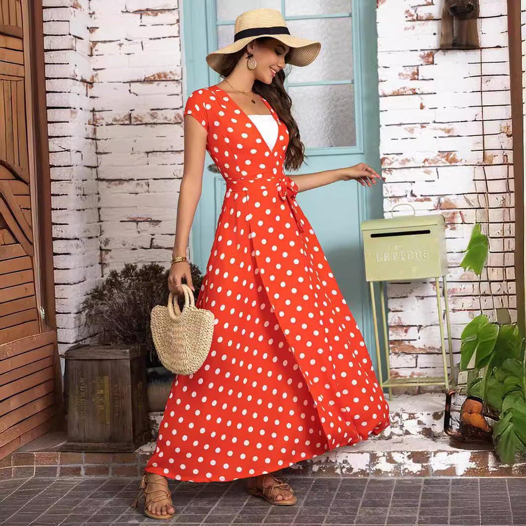 Damen Maxikleid mit schmeichelndem Wickeldesign und modernen Punkten R&B