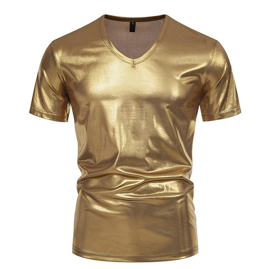Herren V-Ausschnitt T-Shirt aus glänzendem Material mit persönlichem Stil R&B