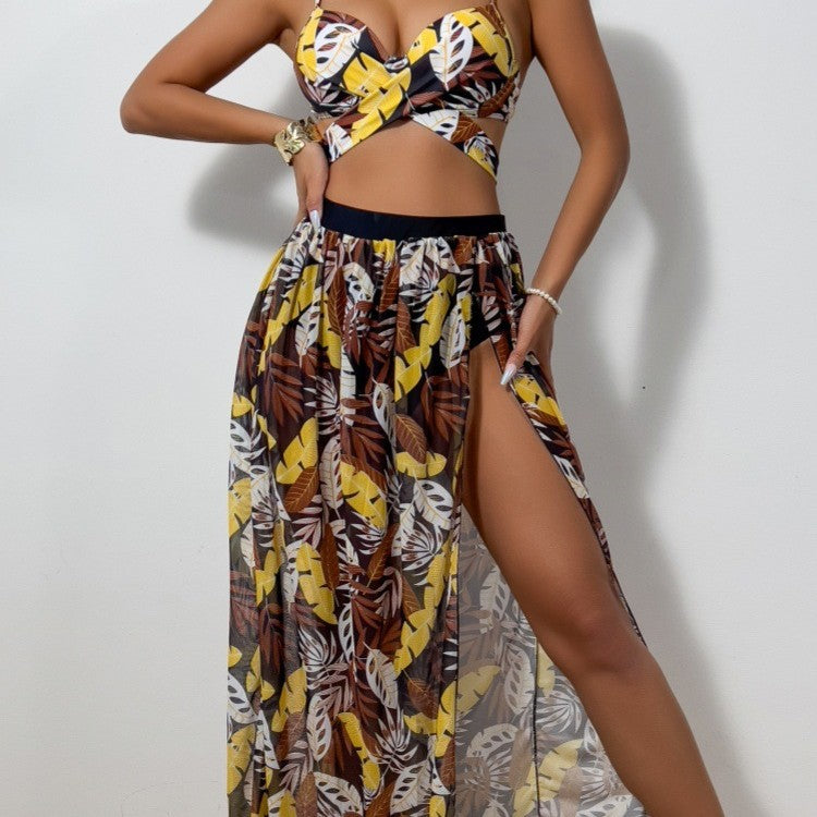 Damen Bikini-Set mit extravagantem Cut-Out und floralem Rock R&B