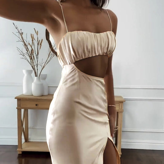 Damen Elegantes Cut-Out Kleid mit schmalen Spaghetti-Trägern und drapiertem Oberteil R&B