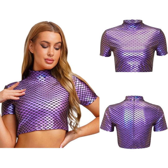 Damen Glitzerndes Cropped Shirt mit schimmerndem Fischschuppen-Muster R&B