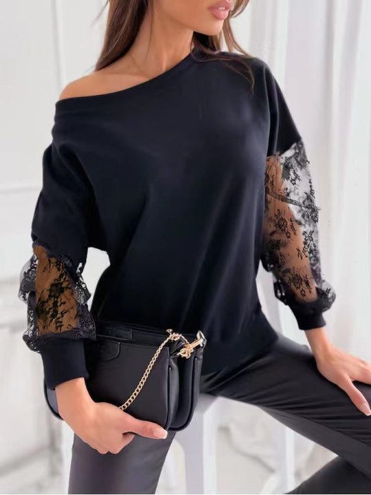 Damen eleganter Pullover mit transparenten Spitzenärmeln und asymmetrischem Ausschnitt R&B