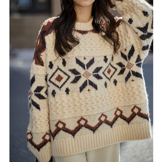 Damen Grobstrickpullover mit geometrischem Muster und Rundhalsausschnitt R&B