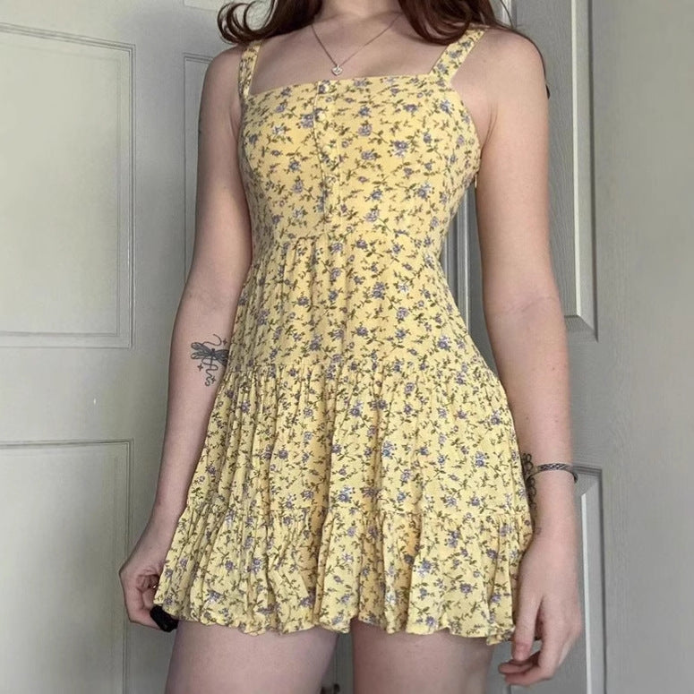 Damen Blumiges A-Linien Sommerkleid mit Rüschensaum und Spaghettiträgern R&B