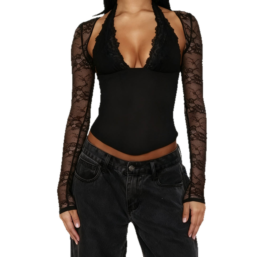 Damen Elegantes Spitzenbodysuit mit tiefem V-Ausschnitt und langen Ärmeln R&B