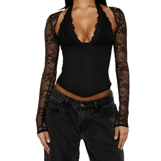 Damen Elegantes Spitzenbodysuit mit tiefem V-Ausschnitt und langen Ärmeln R&B