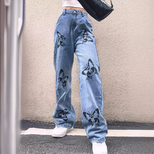 Damen weite Jeans mit auffälligem Schmetterlingsdruck R&B