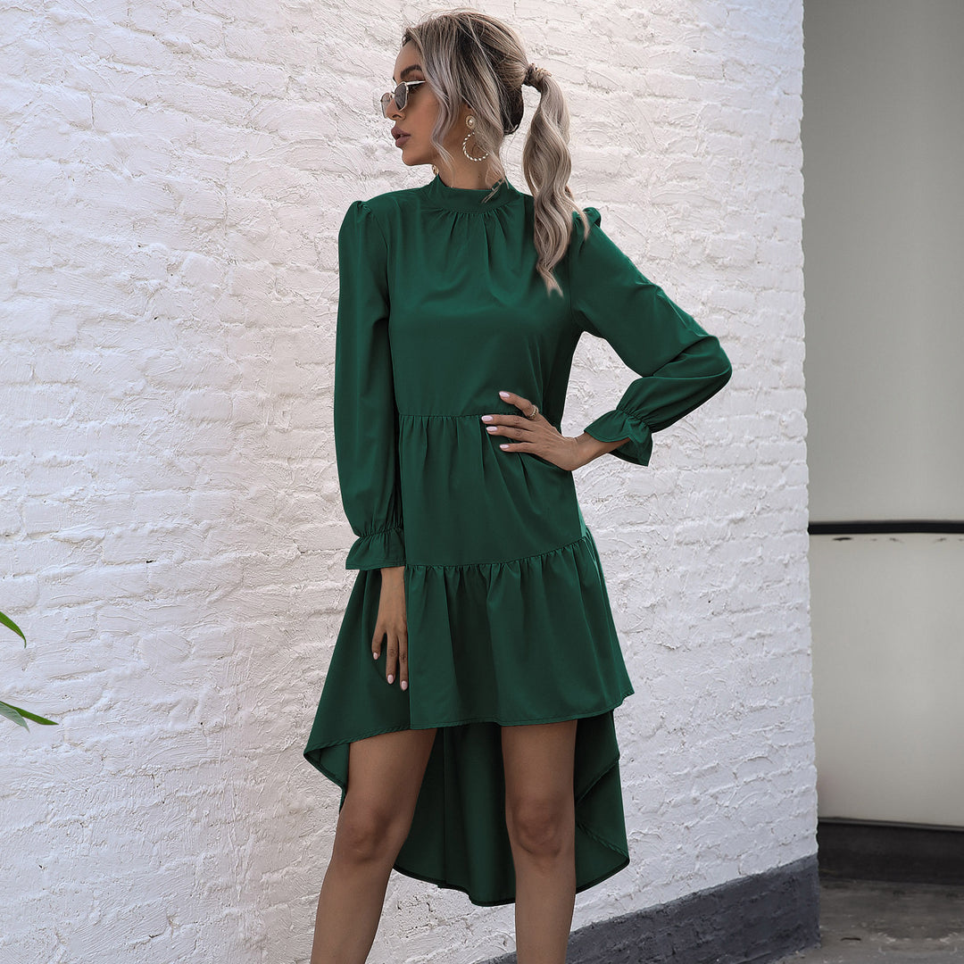 Damen elegantes, schwingendes Midi-Kleid mit Rüschen und langen Ärmeln R&B