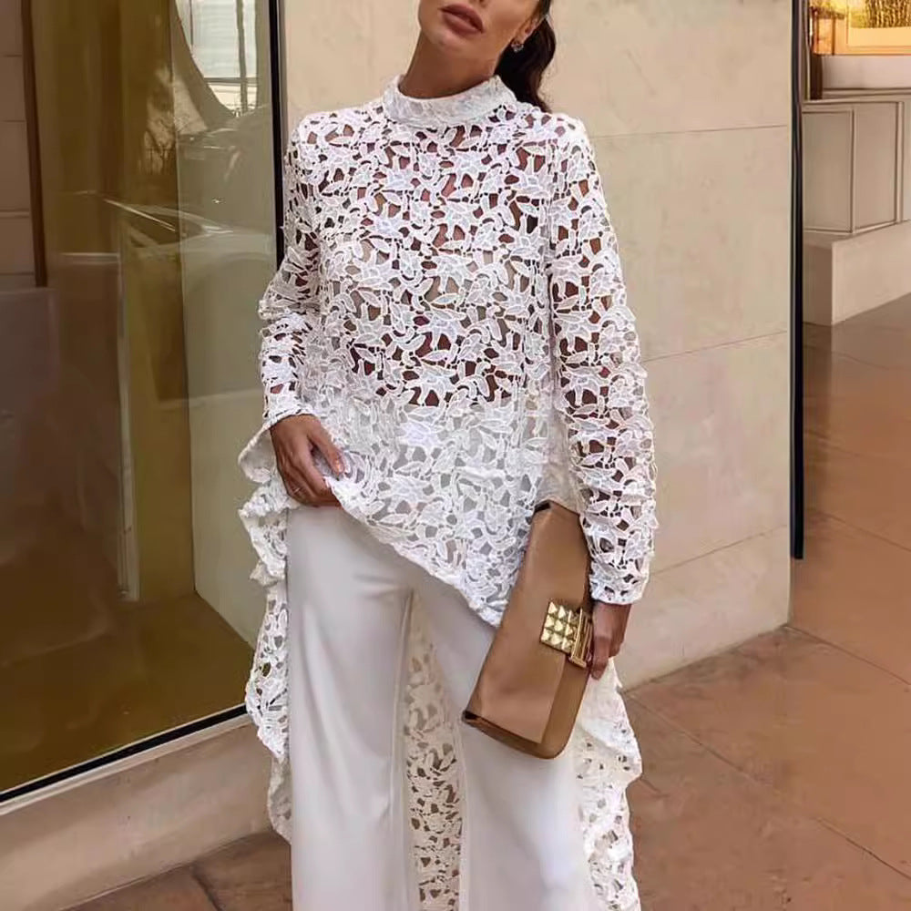 Damen Spitzenbluse mit asymmetrischem Schnitt und eleganten Details R&B