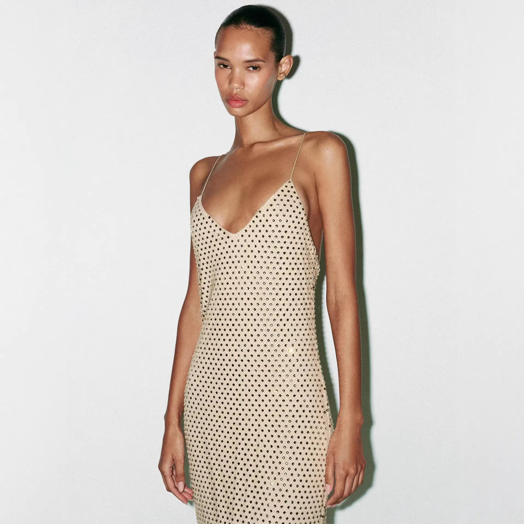 Damen Elegantes Maxikleid mit raffinierten Netzdetails und schmalen Spaghettiträgern R&B