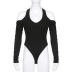 Damen Körperbetonter Langarm-Bodysuit mit tiefem V-Ausschnitt und raffinierten Rüschendetails R&B