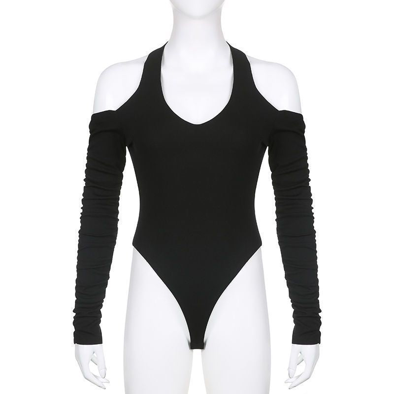 Damen Körperbetonter Langarm-Bodysuit mit tiefem V-Ausschnitt und raffinierten Rüschendetails R&B