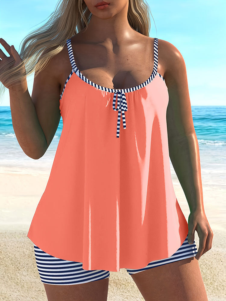 Damen Tankini-Set mit asymmetrischem Oberteil und gestreiften Shorts R&B