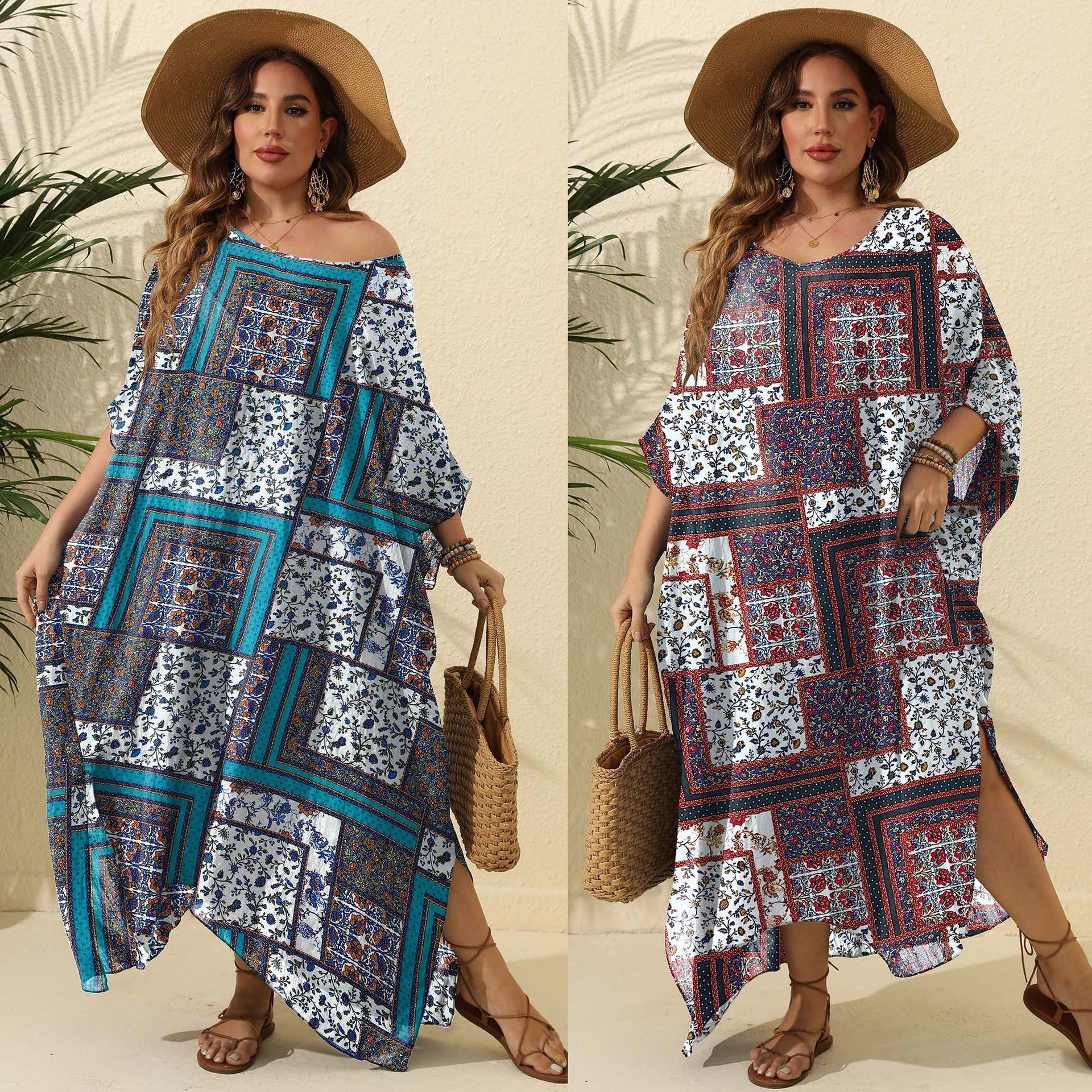 Damen luftiges Maxikleid mit farbenfrohem Patchwork-Design R&B