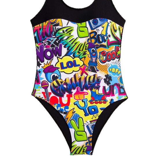 Damen Einteiliger Badeanzug mit buntem Graffiti-Design R&B
