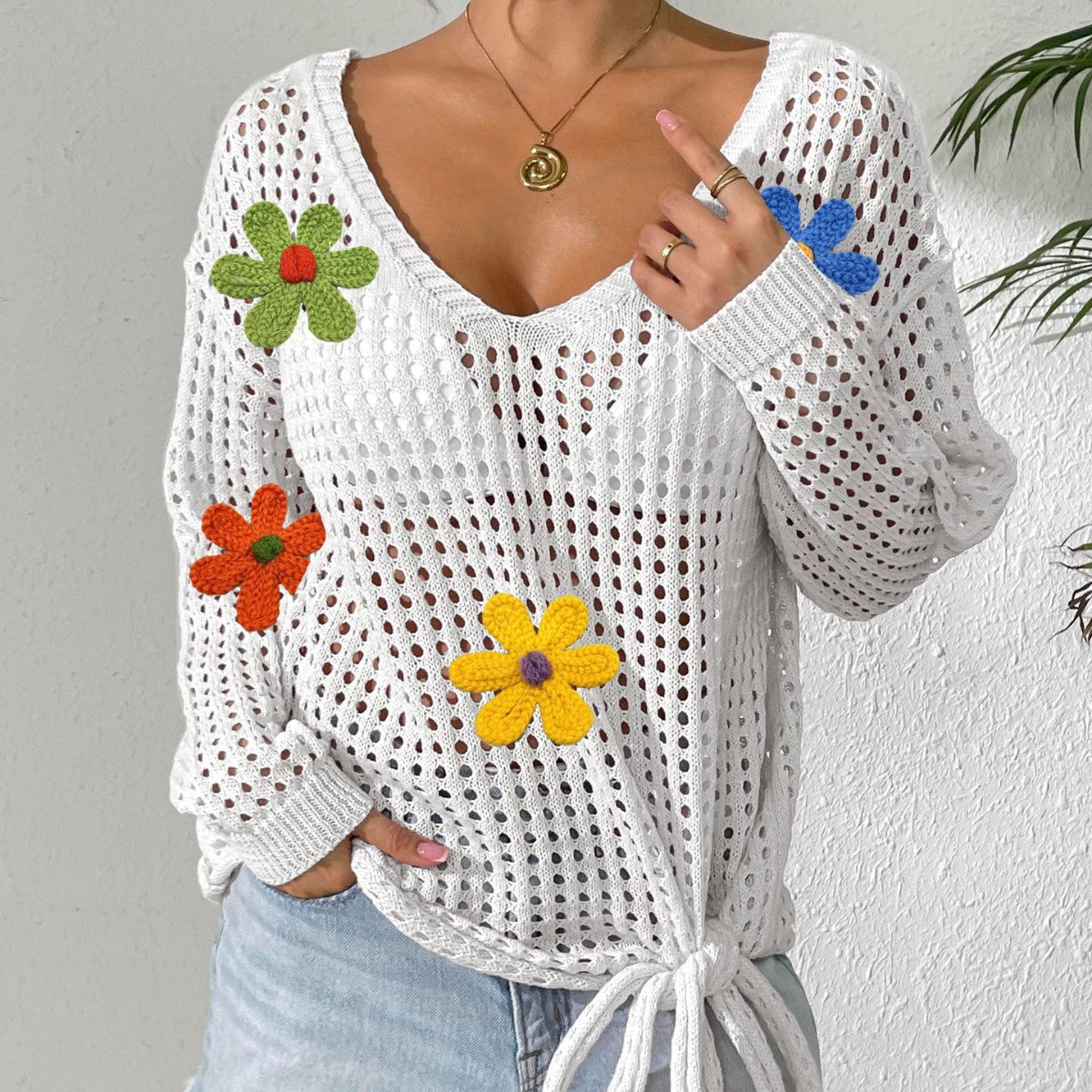 Damen Häkeloberteil mit Blumenapplikationen R&B