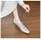 Damen elegante Mules mit funkelndem Riemen und komfortablem Blockabsatz
