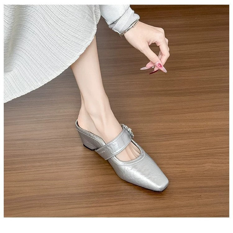 Damen elegante Mules mit funkelndem Riemen und komfortablem Blockabsatz