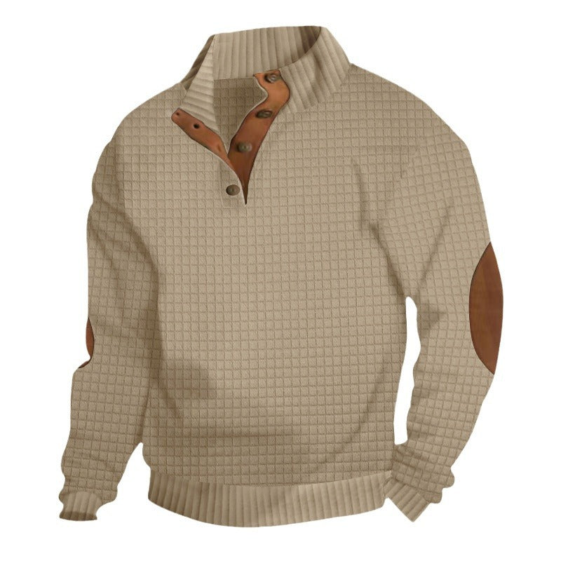 Herren nan waffelstruktur-Troyer mit Stehkragen Druckknopf-Leiste und Nappaleder-Ellenbogenpatches R&B