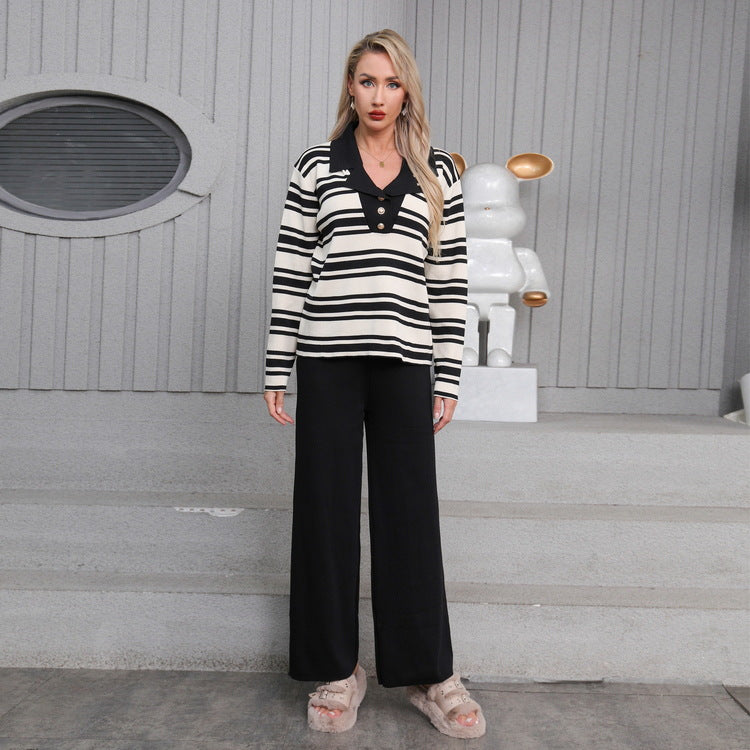 Damen elegantes Strick-Loungewear-Set mit einem modischen Kragen und weit geschnittenen Hosen R&B