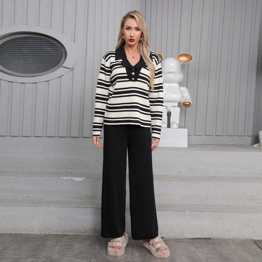 Damen elegantes Strick-Loungewear-Set mit einem modischen Kragen und weit geschnittenen Hosen R&B