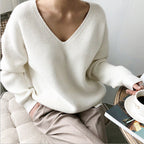 Damen lässiger Strickpullover mit V-Ausschnitt und weit geschnittenen Ärmeln R&B