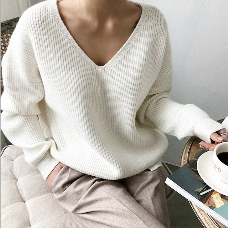 Damen lässiger Strickpullover mit V-Ausschnitt und weit geschnittenen Ärmeln R&B