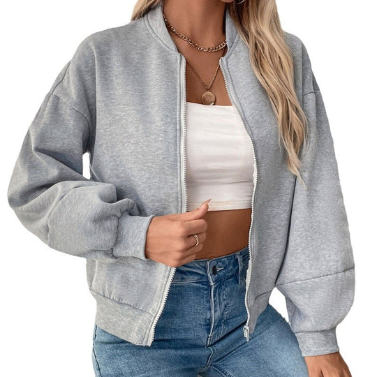 Damen sportliche Sweatjacke mit voluminösen Ärmeln und hohem Kragen R&B