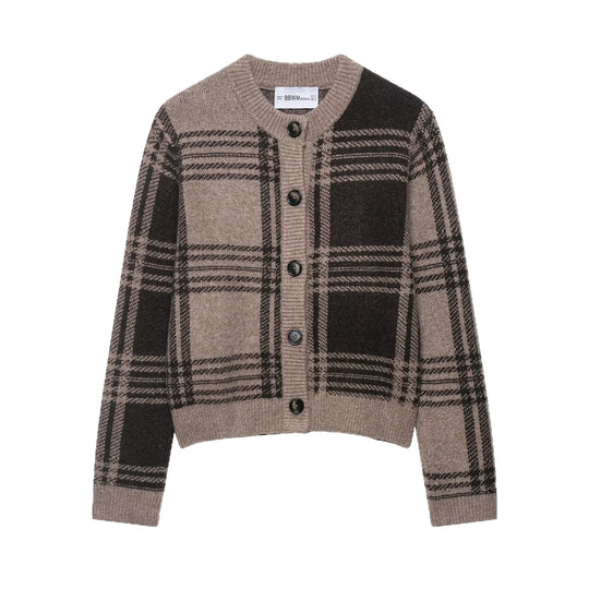 Damen kariertes Strickjacke mit Knopfleiste und weichem Material R&B