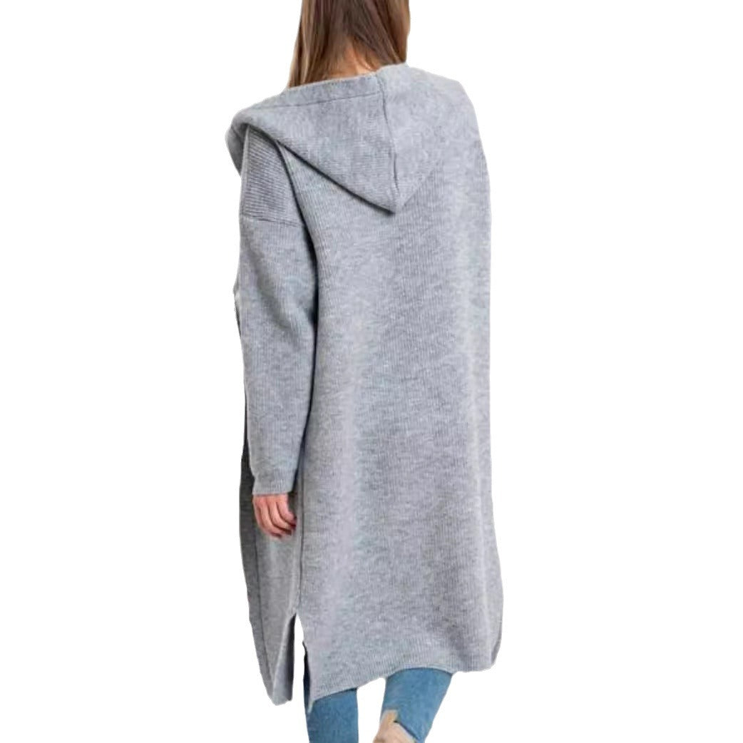 Damen Strickmantel mit Kapuze und großen Taschen R&B