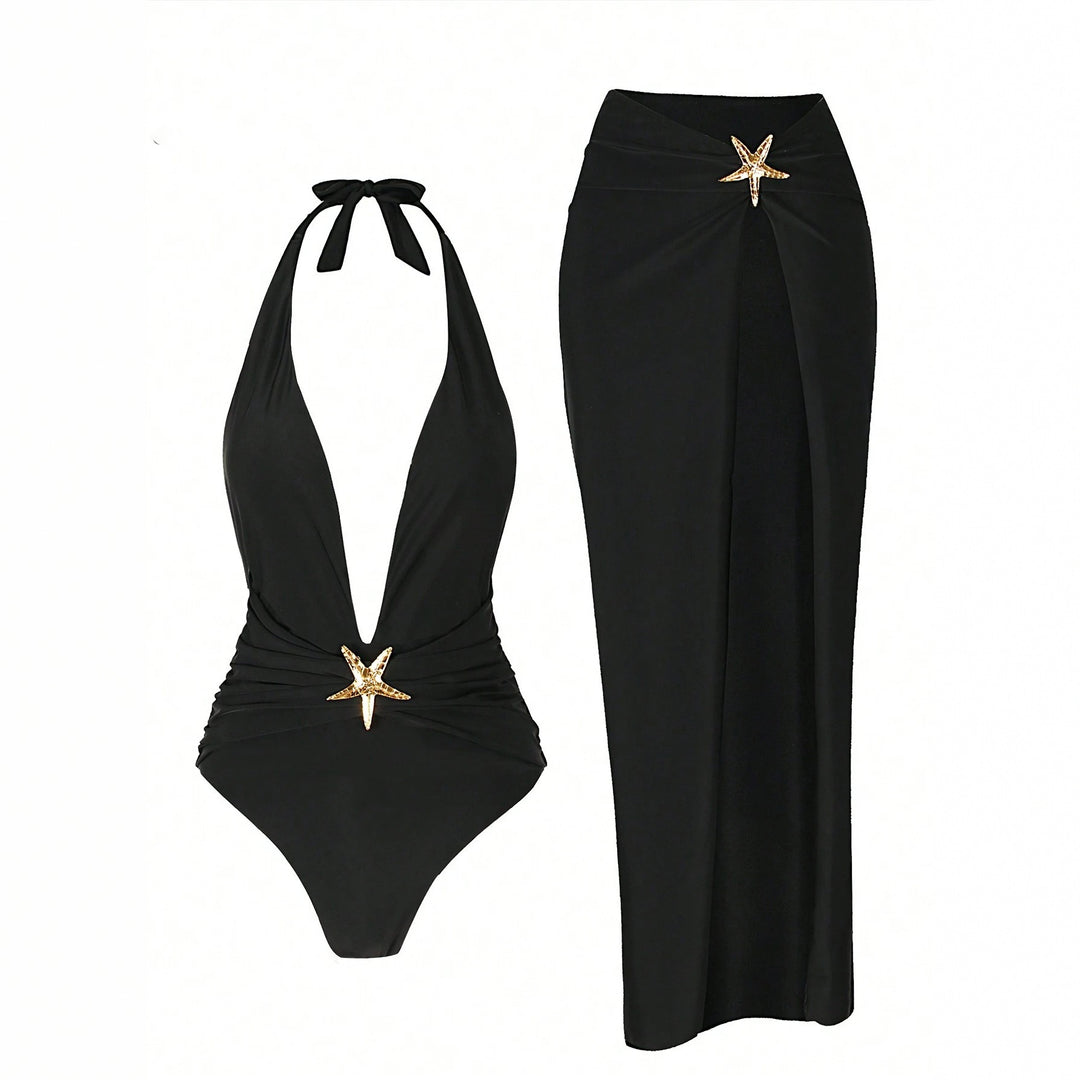 Damen Elegantes Maxi-Strandkleid mit tiefem V-Ausschnitt und dekorativen Stern-Applikationen R&B