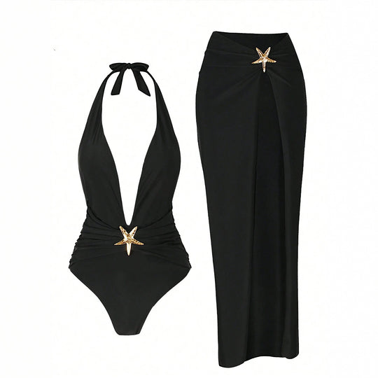 Damen Elegantes Maxi-Strandkleid mit tiefem V-Ausschnitt und dekorativen Stern-Applikationen R&B