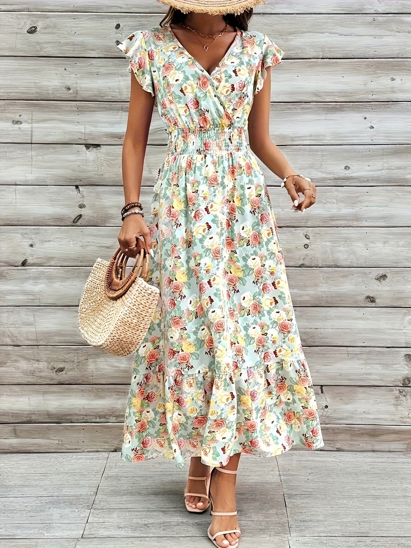 Damen Maxikleid mit floralem Design und lässigem V-Ausschnitt R&B