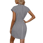 Damen Kurzärmeliges Wickelkleid mit Streifenmuster und Taillengürtel R&B