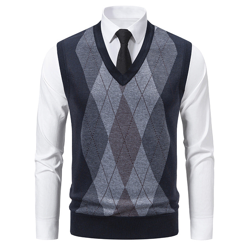 Herren V-Ausschnitt Strickpullover mit elegantem Rautenmuster R&B