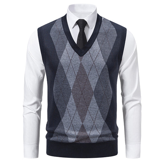 Herren V-Ausschnitt Strickpullover mit elegantem Rautenmuster R&B