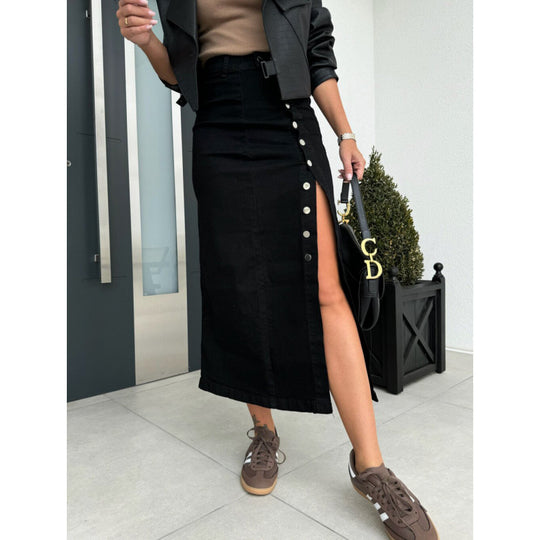 Damen Denim-Midirock mit seitlichem Schlitz und Knopfdetails R&B
