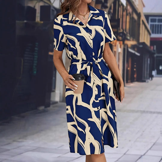 Damen Hemdblusenkleid mit modernem grafischem Muster und Taillengürtel R&B