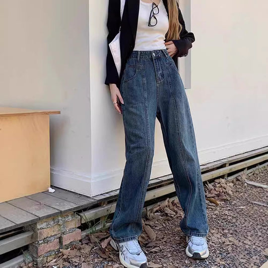 Damen Weite Denim-Hose mit hoch tailliertem Schnitt und lässigem Design R&B