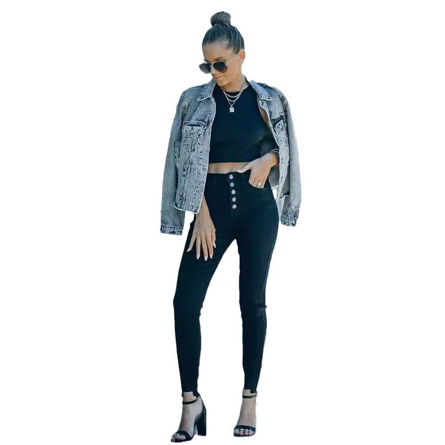 Damen Hochtaillierte Skinny Jeans mit knöpfbarem Bund und figurbetontem Schnitt R&B