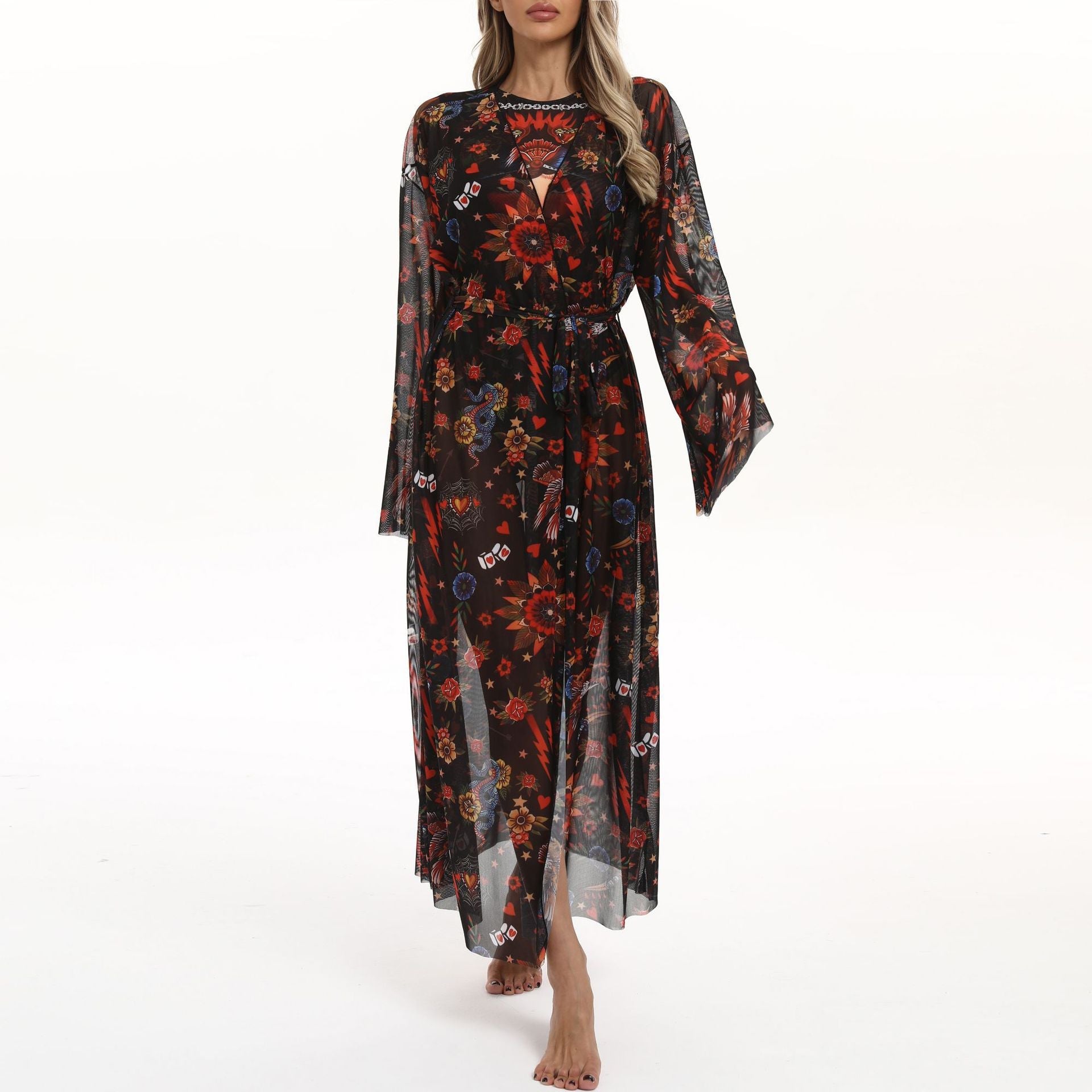 Damen Transparenter Strandkimono mit floralen Mustern R&B
