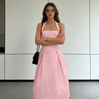 Damen Elegantes Midikleid mit tiefem V-Ausschnitt und stilvollem Faltenrock R&B