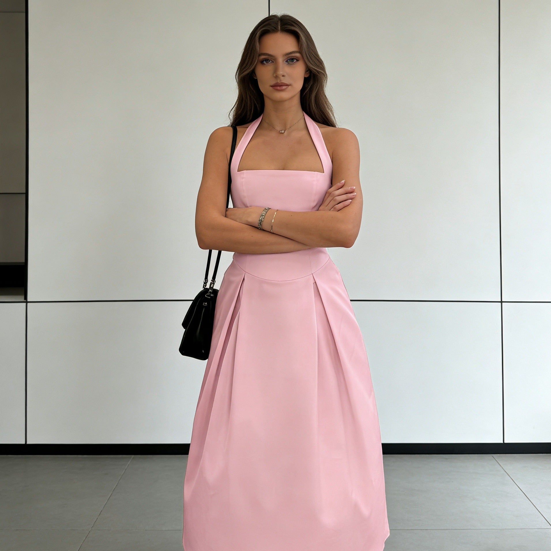 Damen Elegantes Midikleid mit tiefem V-Ausschnitt und stilvollem Faltenrock R&B